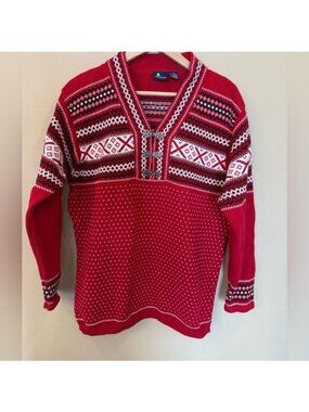 Vintage Lizsport Sweater Red White Fair Isle Size Medium Cotton Ski Cabin Cozy